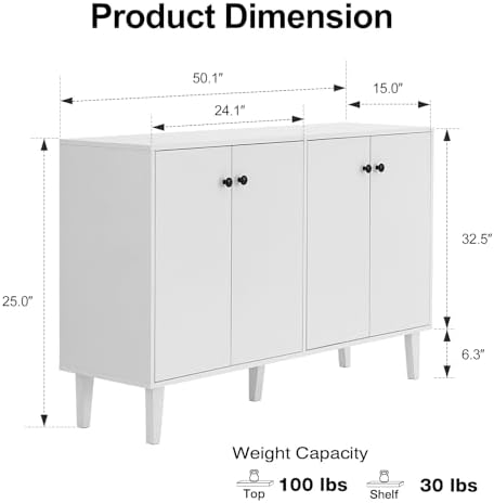 Panana Sideboard Buffet Cabinet Kitchen Storage Cabinet Living Room 4 Doors Console Table (White)