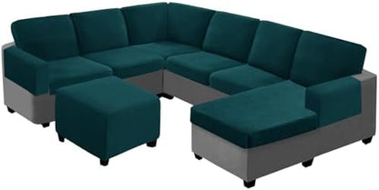 UNBBRRL Seat Cushion Cover and Back Covers for Corner Sofa Stretch Jacquard, Non Slip L Shaped Sofa Slipcover with Storage Ottoman, Sectional Couch Cover for Chaise Lounge (Teal,16 x 30 x 6”)