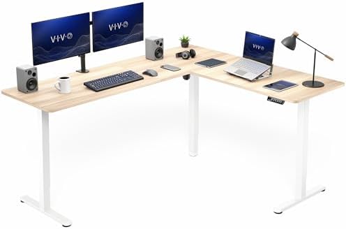 VIVO Electric Corner Standing Desk, L-Shaped, 75" x 63" Light Wood Top