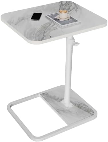 GOYLSER Large C Shaped Tv Trays Living Room End Table End Stand, White Marble Minimalist Wooden C Table for Sofa, Height Adjustable Tv Tray Tables Side Table for Dinner Eating