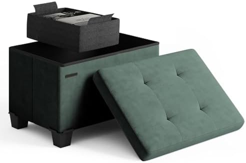 Storage Ottoman Cube with Small Bin, 16-in Square Ottoman with Storage for Living Room and Bedroom, Small Ottomans Foot Rest, Velvet Foot Stools Ottomans Max 330lbs, Green