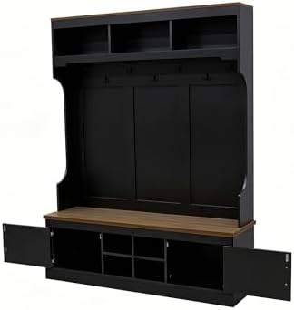Merax 71''H Farmhouse Hall Tree with Bench and Shoe Storage, 5-in-1 Modern Entryway Storage Organizer Cabinet with Rack, 4 Shoe Cubbies & 7 Hooks for Hallway, Entryway, Living Room, Black