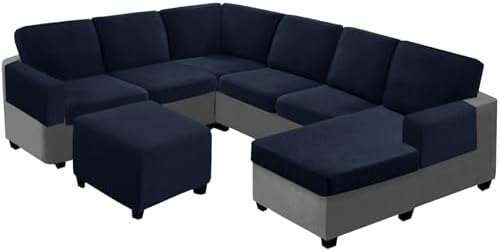 UNBBRRL Seat Cushion Cover and Back Covers for Corner Sofa Stretch Jacquard, Non Slip L Shaped Sofa Slipcover with Storage Ottoman, Sectional Couch Cover for Chaise Lounge (Navy Blue,24 x 24 x 6”)
