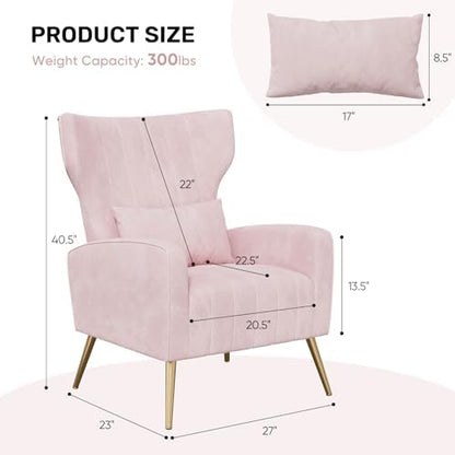 Nebuaegis Pink Velvet Accent Chair Set of 4, Wingback Chair for Living Room, High Back Arm Chair with Golden Legs Lumbar Pillow, Upholstered Single Sofa Bedroom