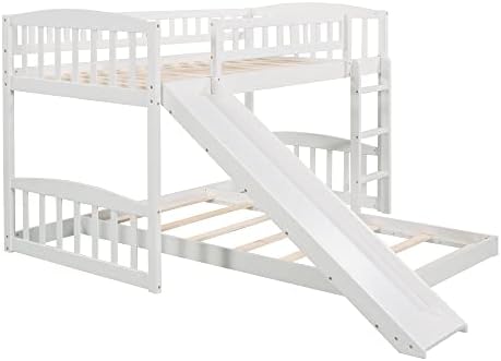 Twin Over Twin Bunk Bed, Wood Bunk Bed with Slide and Ladder, White