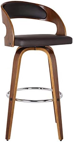 Armen Living Shelly 30" Seat Height Mid Century Modern Swivel Bar Stool for Kitchen Island Counter in Brown Faux Leather and Walnut Wood