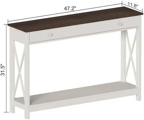 Treocho 47" Farmhouse Console Table with Drawer and Storage Shelves, Foyer Sofa Table Narrow for Entryway, Living Room, Hallway, Antique White & Brown