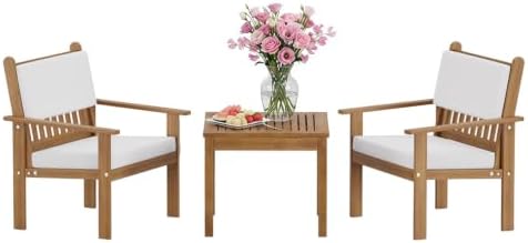 FDW 3-Piece Wood Patio Bistro Set with Water Resistant Cushions and Coffee Table for Backyard, Nature