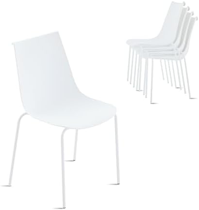 KISLOT Dining Chairs Set of 4, Plastic Outdoor Dining Room Chairs with Metal Legs, PP Anti-UV Stackable Patio Chairs with Ergonomic Back & Curved Seat for Kitchen Swimming Pool, Easy Assembly, White