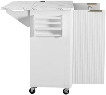 Merax 55.5" Fluted Kitchen Island with Drop Leaf, Power Outlet,Kitchen Grill Cart Island with Storage-6 Door Shelves,Adjustable Shelves,Faux Marble Top,Curved Edge for Kitchen,White