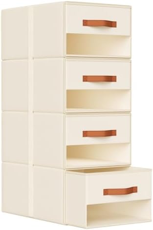 DIMJ Closet Organizers and Storage - Pull-out Fabric Bins with Drawers for Closet Foldable Clothes Organizers with Clear Window, Stackable Storage Drawers for Bedroom,Living Room,Shelf,4-Pack, Beige