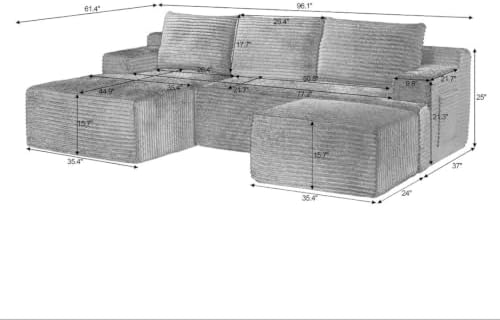 Boneless Sectional Cloud Sofa W/Moavble Ottoman and Chaise Lounge