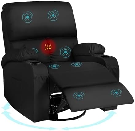 LAFWELL Rocking Recliner Chair, Massage Rocker Recliner Chair with Vibration Massage and Heat, USB and Type-C Ports,360° Swivel Faux Leather Chairs, Living Room, Bedroom, Nursery, RV, Black