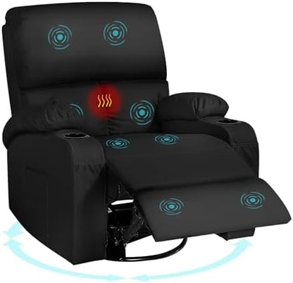 LAFWELL Rocking Recliner Chair, Massage Rocker Recliner Chair with Vibration Massage and Heat, USB and Type-C Ports,360° Swivel Faux Leather Chairs, Living Room, Bedroom, Nursery, RV, Black