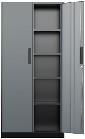 Bonusall 72" Metal Garage Storage Cabinet, 2 Locking Doors & 4 Adjustable Shelves Tall Storage, Heavy Duty Steel Tool Cabinet for Home, Office, Warehouse, School (Black Grey)