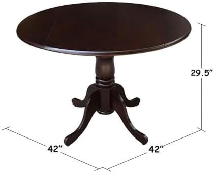 IC International Concepts, 42" Round Dual Drop Leaf Pedestal Dining Table, Solid Real Wood, Sturdy Parawood, Rich Mocha