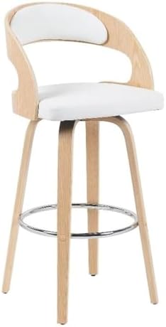 Armen Living Shelly Modern Bar Height Swivel Stool in Patterned Oak Finish with White Faux Leather Upholstered Seat Set of 4