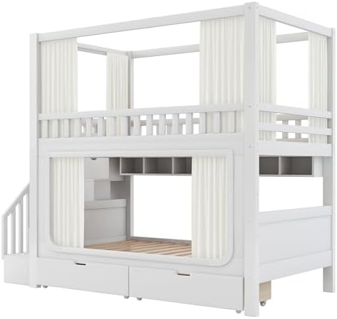 Full Over Full Bunk Bed with Privacy Curtains, Under Bed LED Lighting, Storage Stairs, and Built-in Compartments (White-4, Full)