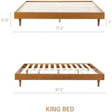 Fly Wooden Bed Frame Without Headboard, Solid Oak and Rubber Wood Foundation with Silent Slats and Wood Central Supports, 1000 Lb Capacity, Effortless Assembly, King - Rustic Oak