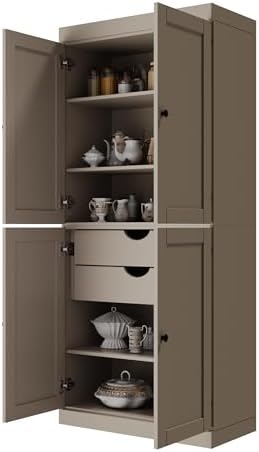 Palace Imports Solid Wood Kitchen Pantry Cabinet - 71.5" Tall x 32" Wide - Wooden Storage Cabinet with 4 Shaker Doors, 2 Drawers & 4 Adjustable Shelves, Beige, 100% Eco-Friendly Wood, Made in Brazil