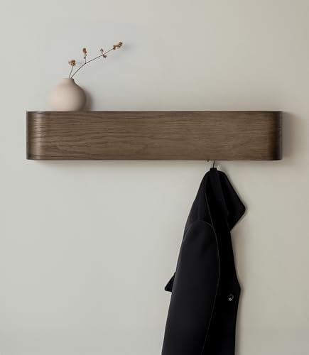 Kazai. Wall-Mounted Coat Rack 'Toke' - Modern Design Coat Rack with Hidden Wall Hooks - Solid Wood Veneer Panel Coat Hanger - Oak, Dark