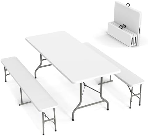 VINGLI Picnic Table Set with 2 Benches, 6 Feet Camping Table Chair Set,3-Piece Folding Furniture for Indoor or Outdoor Use, Smooth Tabletop, White