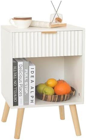 White Fluted Nightstand, Modern Bedside Table with Drawer and Shelf