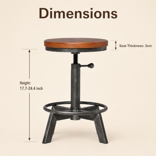 Set of 2-Industrial Bar Stool-Rustic Counter Height Chairs for Kitchen Island-Farmhouse Swivel Wooden Seat- Adjustable 17.7-24inch