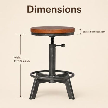 Set of 2-Industrial Bar Stool-Rustic Counter Height Chairs for Kitchen Island-Farmhouse Swivel Wooden Seat- Adjustable 17.7-24inch