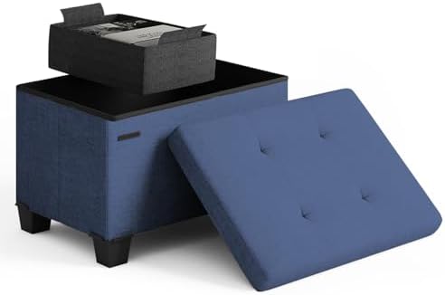 Storage Ottoman Cube with Small Bin, 16-in Square Ottoman with Storage for Living Room and Bedroom, Small Ottomans Foot Rest, Fabric Foot Stools Ottomans Max 330lbs, Blue