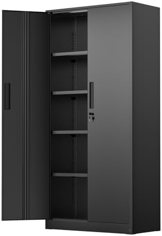 SUNCROWN 72" Metal Storage Cabinet - Heavy-Duty Metal Garage Cabinet with 4 Adjustable Shelves & 2 Doors for Tools, Office, Home, Workshop,Black-Small