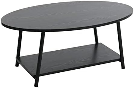 Household Essentials Oval Coffee Table with Storage Shelf in Oak Wood Grain and Black Metal Frame, Black