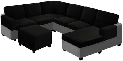 UNBBRRL Seat Cushion Cover and Back Covers for Corner Sofa Stretch Jacquard, Non Slip L Shaped Sofa Slipcover with Storage Ottoman, Sectional Couch Cover for Chaise Lounge (Black,16 x 30 x 6”)