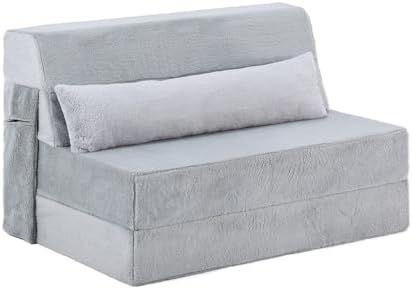 Tiita Convertible Folding Sofa Bed Mattress with Pillow & Side Pocket, Plush Fabric Floor Mattress Couch Bed, Washable Cover, Twin Size, White Gray