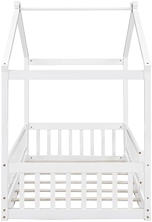 Merax Twin Size Wooden House Bed with Fence, Wood Bed Frame with Roof and Safety Guardrail for Kids, Teens, Boys or Girls, White