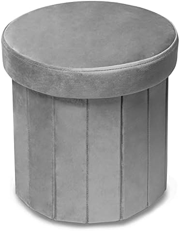 Phantoscope Storage Ottoman Round15 Inch, Velvet Folding Storage Boxes Footrest Foot Ottoman Toy Box, Padded Seat for Dorm Living Room Bedroom, Support 220lbs Grey