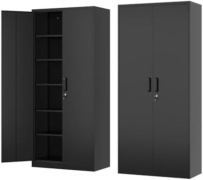 Metal Storage Cabinet-72” Tall Steel File Cabinet with Lockable Doors and Adjustable Shelves-Black Steel Storage Cabinet for Home, School, Office, Garage