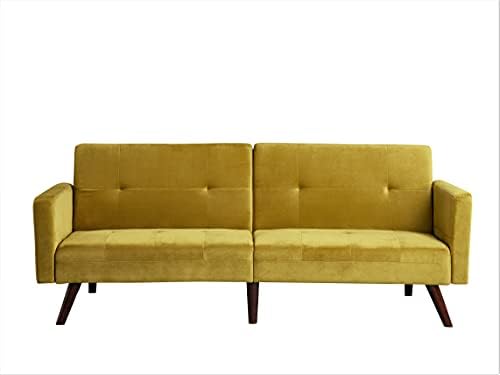 Container Furniture Direct Hasano 79" Sleeper Sofa Bed - Reclining Convertible to Full Bed - Tufted Linen Upholstery, Wooden Legs - Space-Saving Sofa Bed(79" L x 33" W x 33" H), Golden Yellow