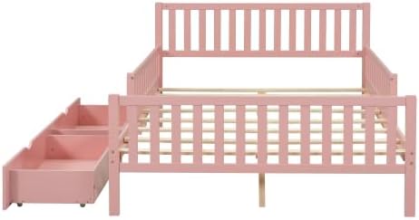 Bellemave Girls Full Bed Frame with Fences and 2 Drawers, Kids Full Platform Bed with Guardrails on Both Sides, Pink