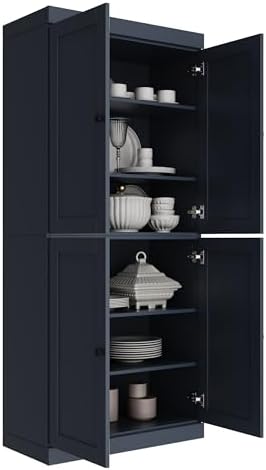 Palace Imports Solid Wood Kitchen Pantry Cabinet - 71.5" Tall x 32" W - Wooden Storage Cabinet w/ 4 Shaker Doors & 4 Adjustable Shelves, Antique Blue, 100% Renewable Eco-Friendly Wood, Made in Brazil