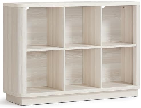 Joaxswe 6 Cube Bookcase, 40" Wide Horizontal 2-Tier Book Shelf w/Curved Edge, Wood Low Floor Standing Bookshelf with Base, Modern Short Storage Organizer for Living Room,Office, Gray-White Cream Oak