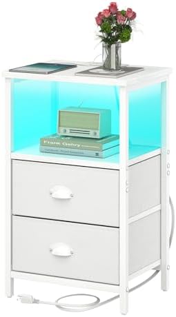 sthmec Nightstand with Charging Station, LED Night Stand with 2 Fabric Drawers PU Finish, Bedside Tables End Table with LED Light, 3-Tier Storage Side Table Nightstand with Drawers for Bedroom,White