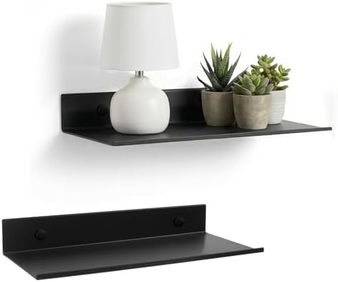 Z metnal Small Decor Shelves, Mini Floating Display Wall Shelf for Smart Speaker Collectables, Aluminum, Wall Mounted, Matt Black,12 x 5 inch,1ft Wide, 2 Pack