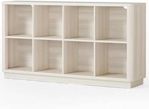 Joaxswe 8 Cube Storage Bookcase, 52" Long Horizontal Book Shelf w/Curved Edge, Wood Low 2-Tier Cubby Console Bookshelf with Base, Modern Floor Standing TV Stand for Living Room, Gray-White Cream Oak