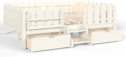Bellemave Queen Size Platform Bed with Storage Drawers & Bookshelf for Boys Girls, Kids Queen Bed Frame with LED Lights & Stairs for Children's Room, Beige