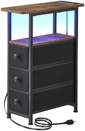 Narrow End Table with Charging Station, Narrow Side Table with Drawer, Small Nightstand with LED Light, Skinny Nightstand, Small Bedside Table for Living Room, Bedroom, Couch, Rustic Brown