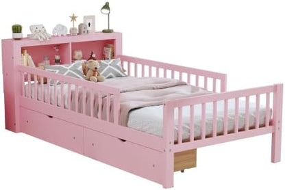 Bellemave Kids Twin Platform Bed with 2 Drawers & Storage Headboard, Kids Twin Bed Frame with 3-Side Guardrails for Girls Boys, Pink