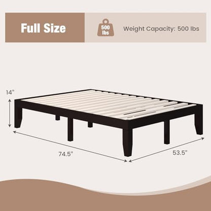 GIANTEX Full Wood Platform Bed Frame, 14 Inch Solid Rubber Wood Mattress Foundation, Heavy Duty Wooden Slats Support, No Box Spring Needed, Easy Assembly, Espresso