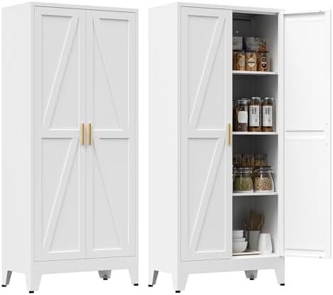 61" Tall Metal Pantry Cabinet, Kitchen Storage Cabinet with 2 Doors and 3 Adjustable Shelves for Kitchen, Living Room, Dining Room, Bathroom and Home, Office