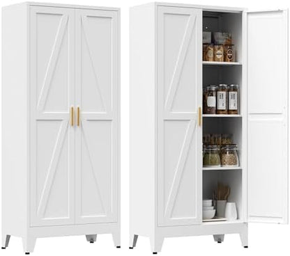 61" Tall Metal Pantry Cabinet, Kitchen Storage Cabinet with 2 Doors and 3 Adjustable Shelves for Kitchen, Living Room, Dining Room, Bathroom and Home, Office